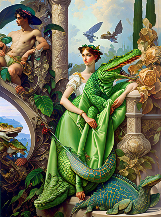 Woman in green dress with crocodile and man in classical setting.