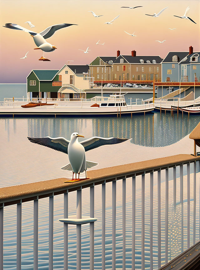 Seagulls flying over serene harbor with boats and sunset sky