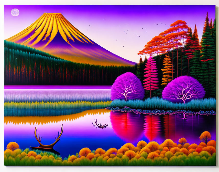 Stylized artwork of Mount Fuji at dusk with purple sky