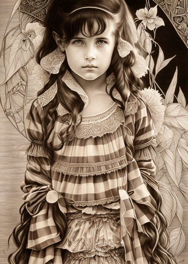 Monochrome portrait of young girl with braided hair and vintage checkered dress amid floral patterns