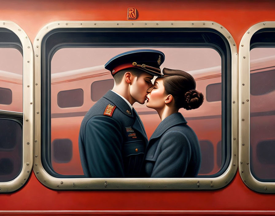 Military man and woman kissing by train window with red train in background.