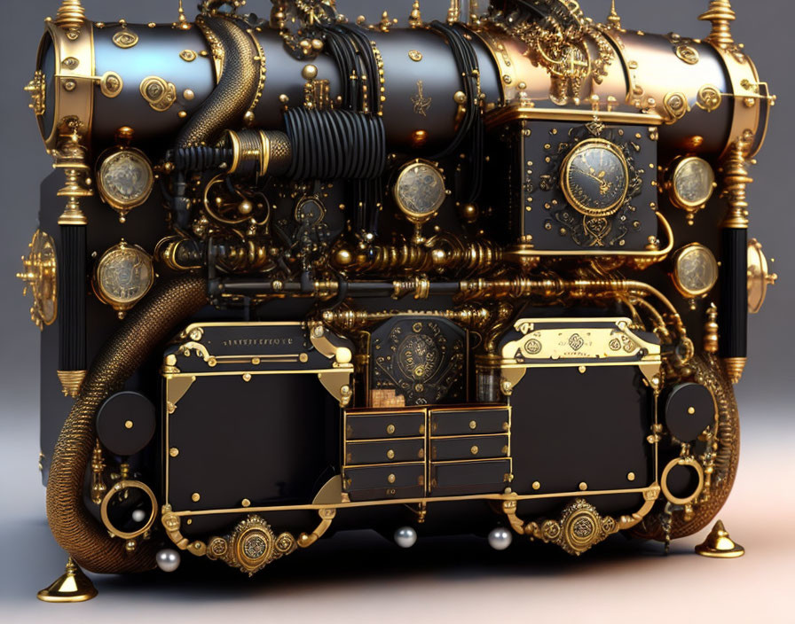 Steampunk-style machine with gears, pipes, carvings, and gauges in gold and