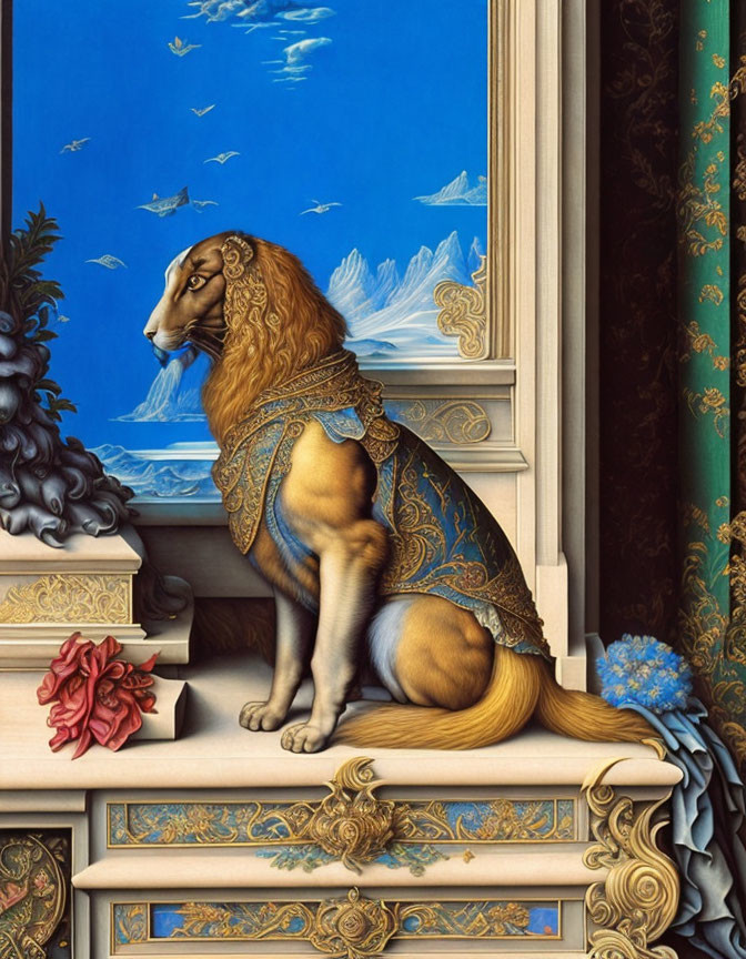 Majestic lion in blue and gold fabric with flowers on wooden furniture