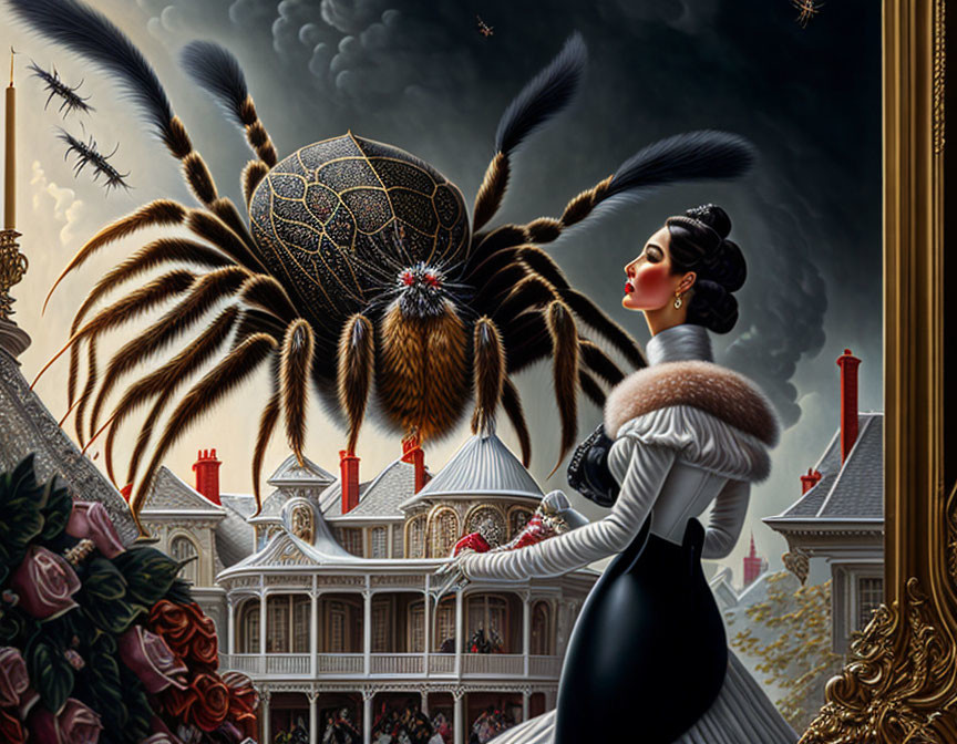 Elegantly dressed woman gazes at giant spider by grand house