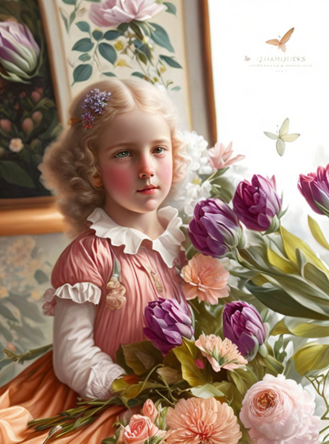 Portrait of Young Child with Blond Curly Hair Holding Purple Tulips