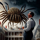 Elegantly dressed woman gazes at giant spider by grand house