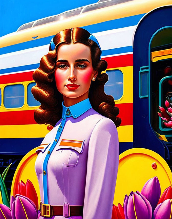 Illustration of woman in vintage uniform by colorful train with tulips.