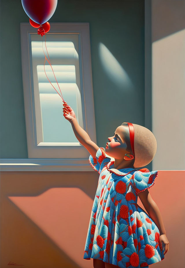 Child in Blue Dress Holding Red Balloon by Window with Light