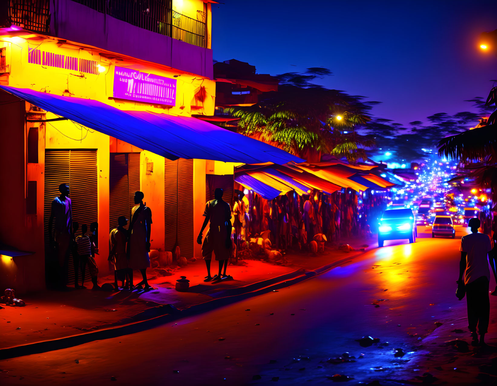Colorful Night Street Scene with Neon Lights, People, Shops, and Car Headlights