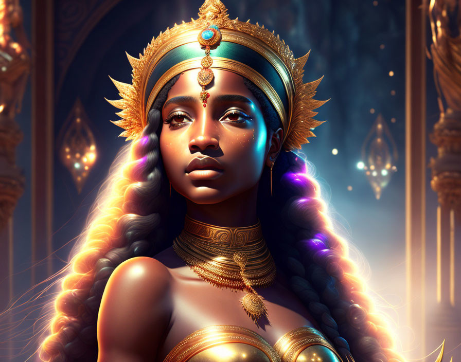 Regal Woman with Golden Headwear and Jewelry in Ornate Luminous Backdrop