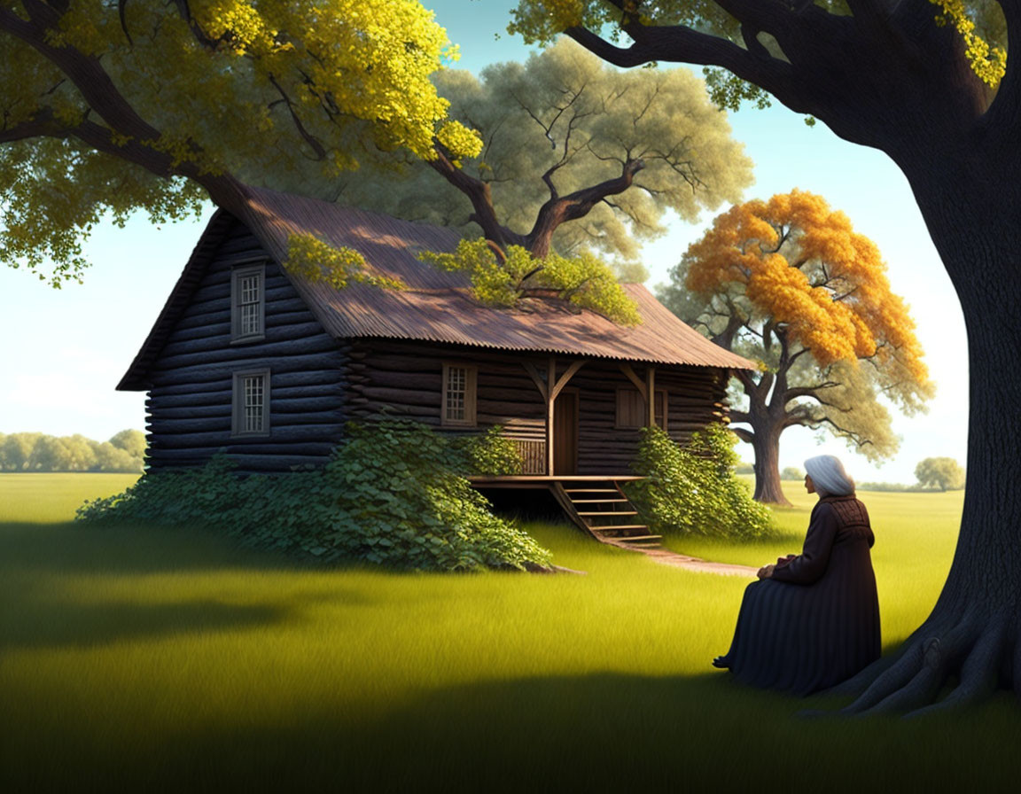Tranquil scene of person by tree near wooden cabin amid autumn foliage