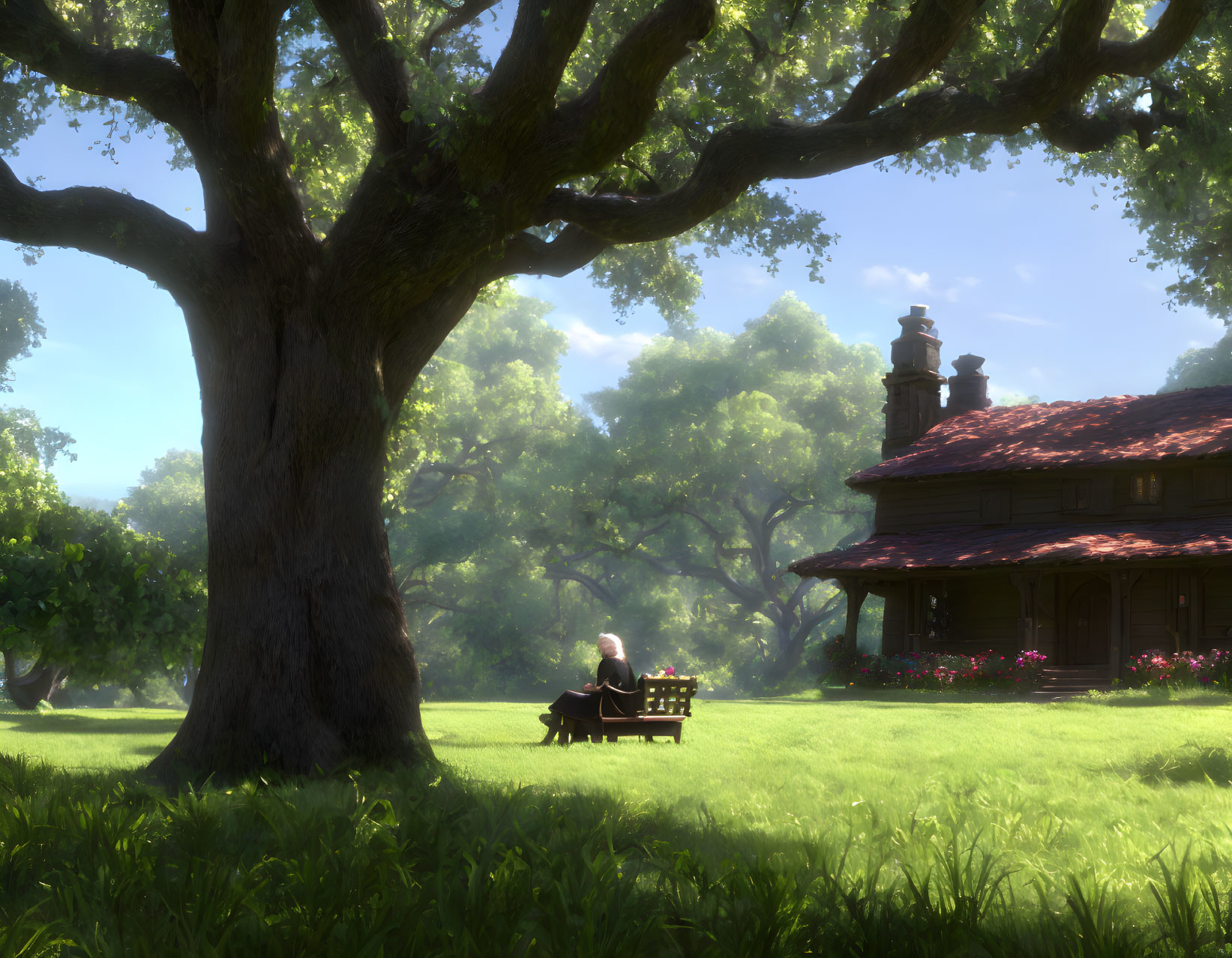 Elderly Person Sitting on Bench Near Traditional House in Lush Greenery