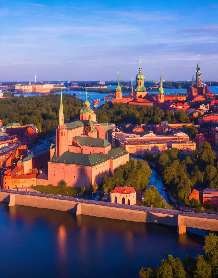Historic European City Sunset Aerial View with Castle-like Buildings