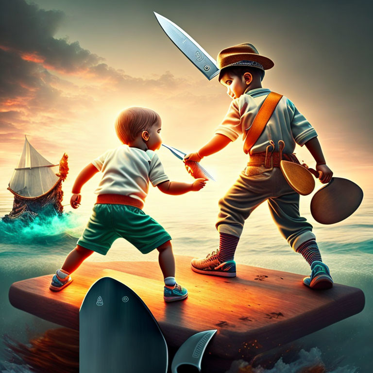 Stylized children playing pirates on wooden board at sunset