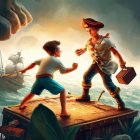 Stylized children playing pirates on wooden board at sunset