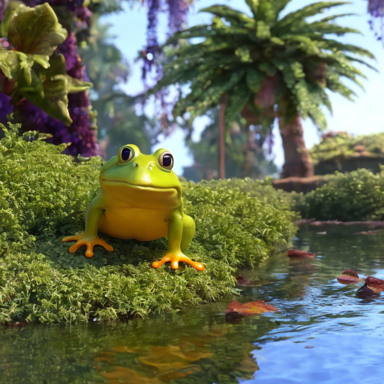 Colorful Green Frog with Orange Feet in Lush Jungle Pond