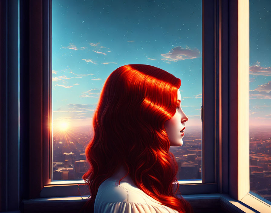 Red-Haired Woman Looking at City Sunset through Window