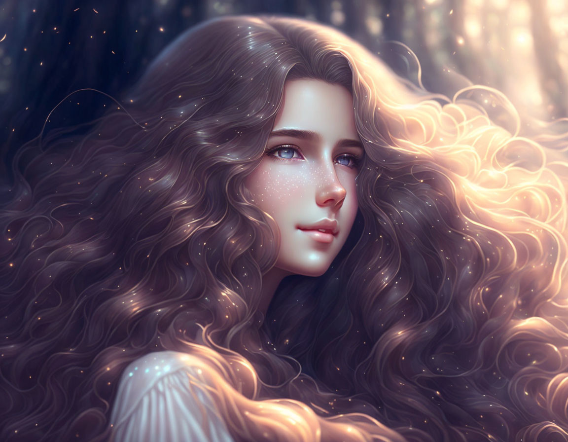 Digital artwork: Woman with voluminous wavy hair in dreamy forest ambiance