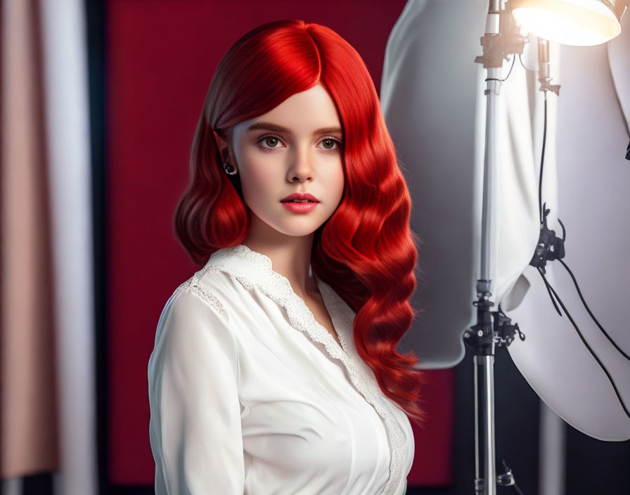 Portrait of woman with vibrant red hair in white blouse by red curtain.