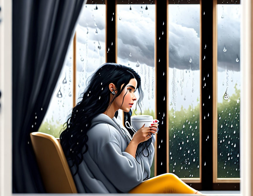 Woman sitting by window looking at rain with cup, surrounded by greenery