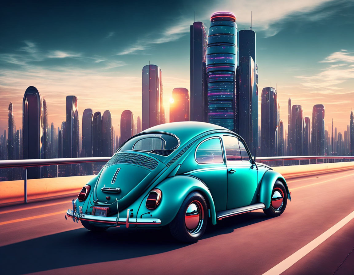 Vintage teal Volkswagen Beetle driving on city road at sunset with futuristic skyscrapers.