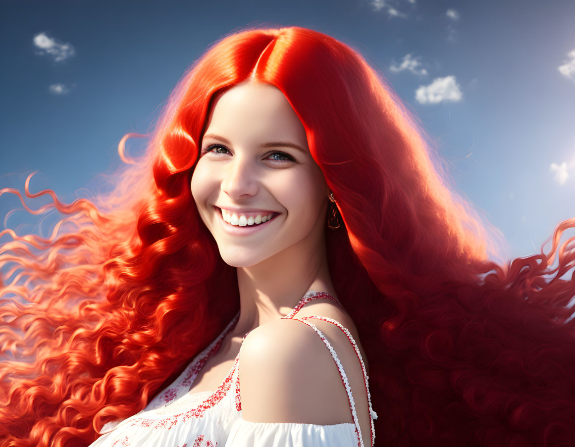 Portrait of a woman with red curly hair and white dress under blue sky