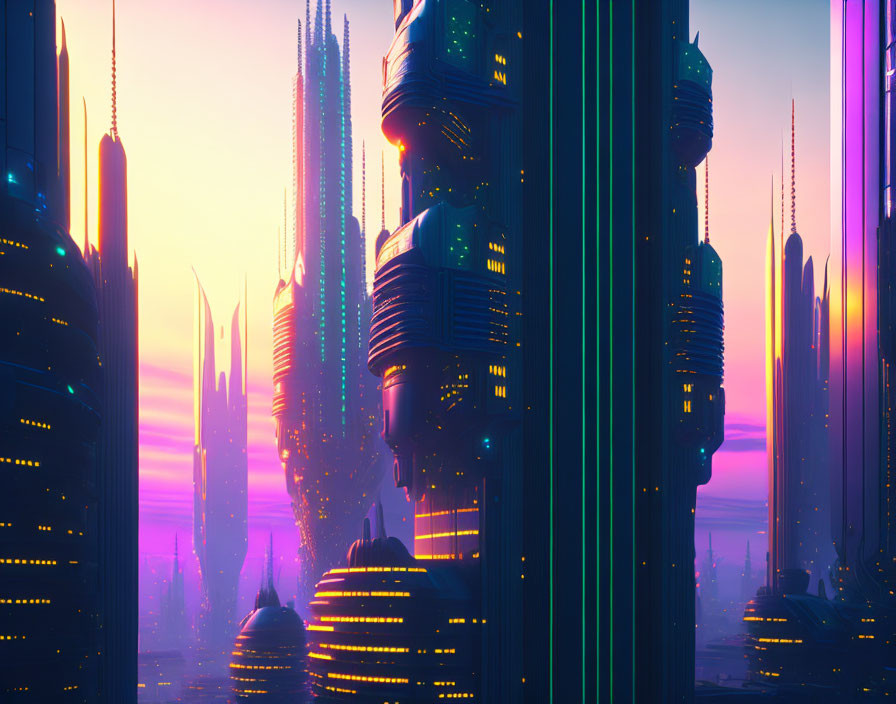 Neon-lit skyscrapers in futuristic cityscape at dusk