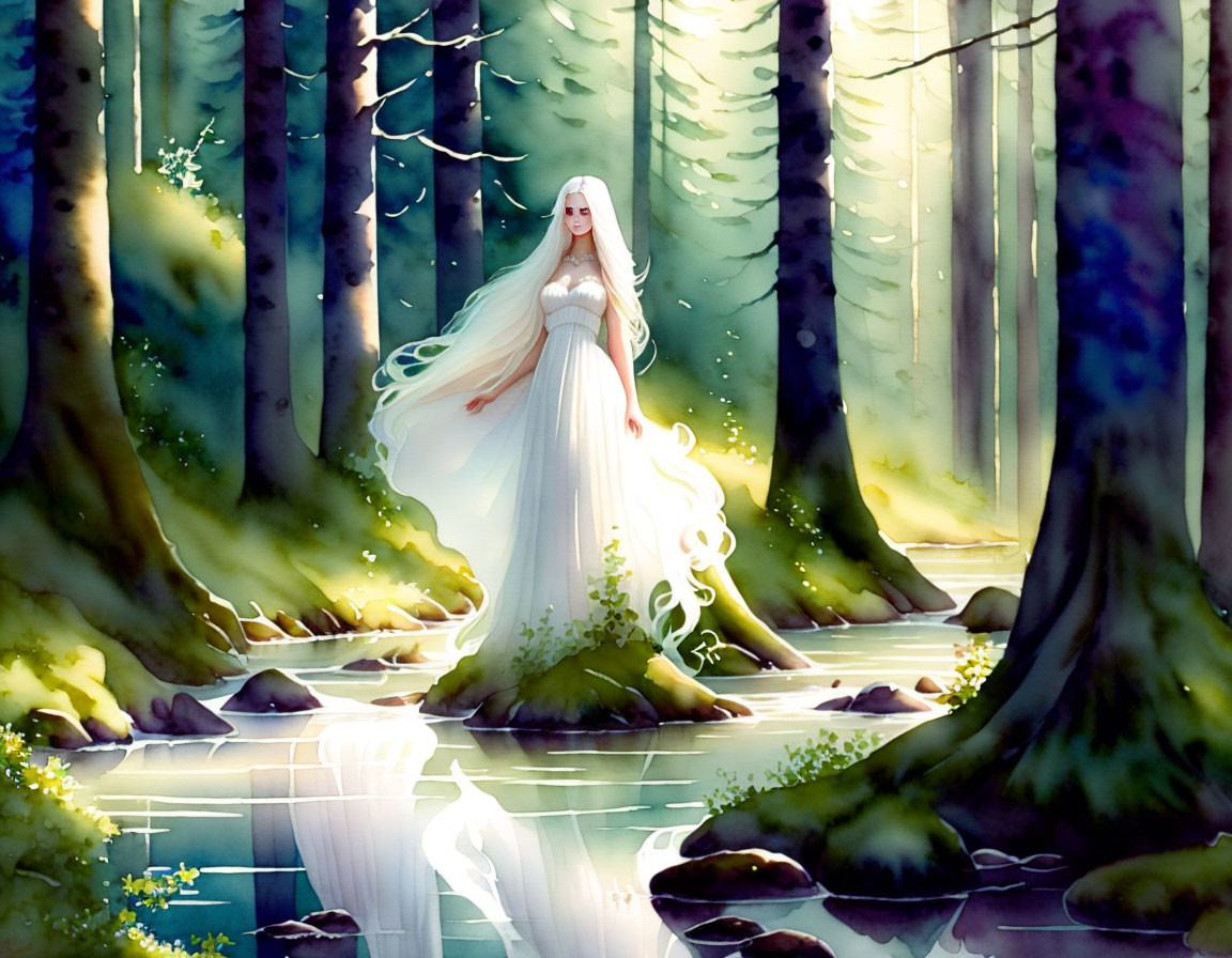 Ethereal figure with white hair in long dress by forest stream