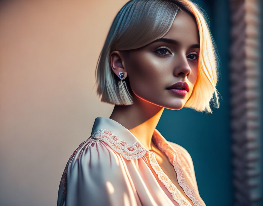 Blonde woman in pastel shirt and earring under warm light