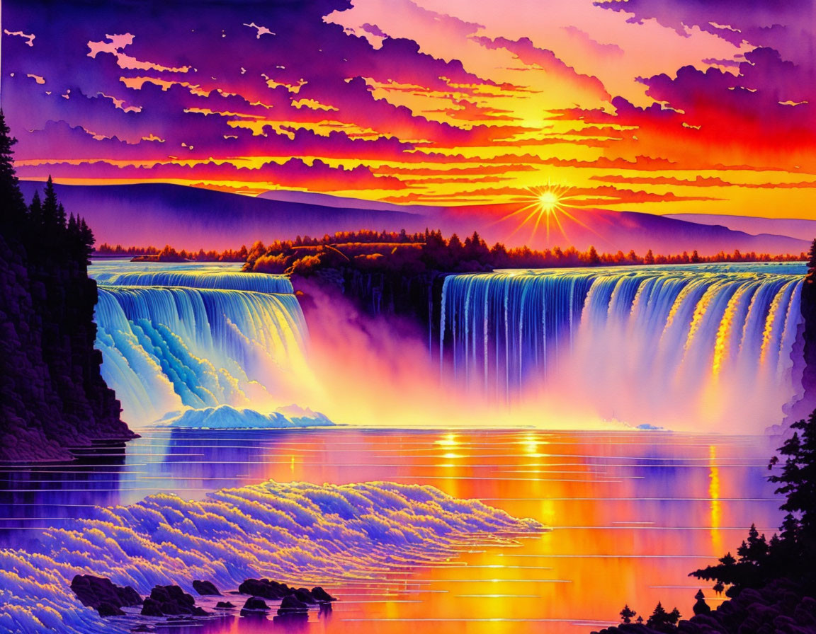 Colorful Sunset Over Waterfall and Forest Landscape