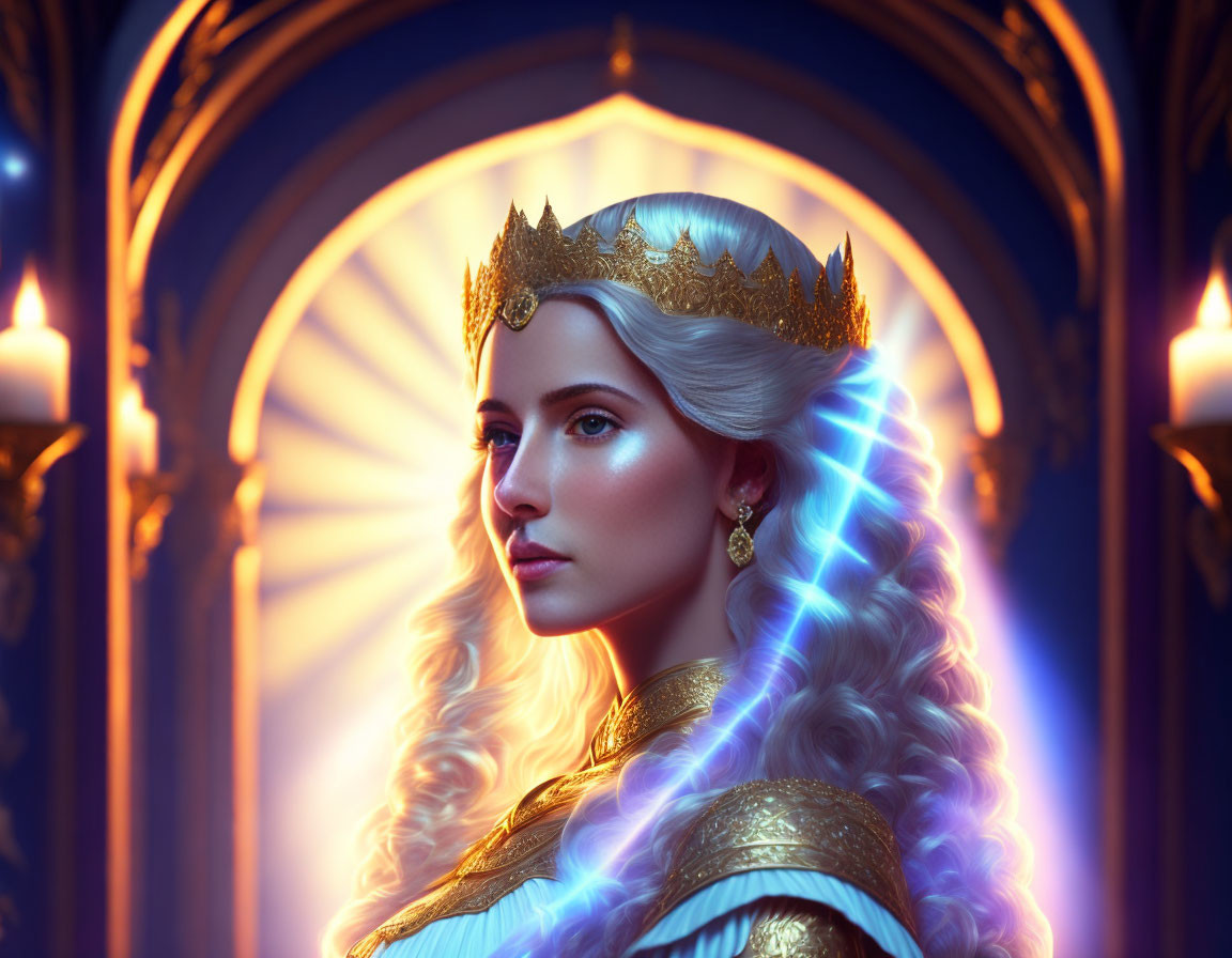 Regal woman with glowing aura and golden crown in elegant attire under blue-lit archway