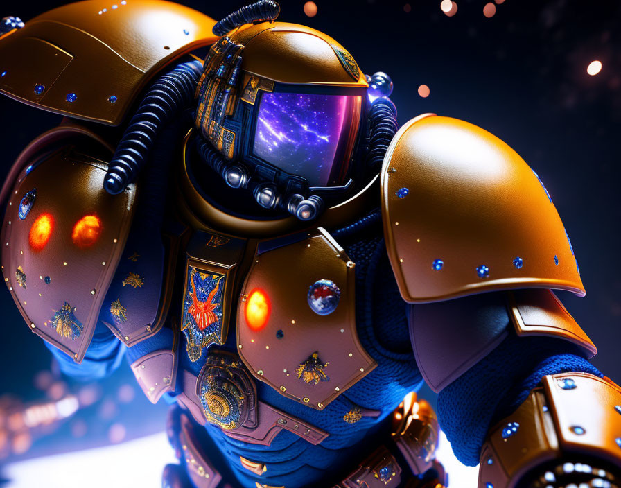 Detailed Futuristic Space Marine in Golden Armor Against Cosmic Backdrop