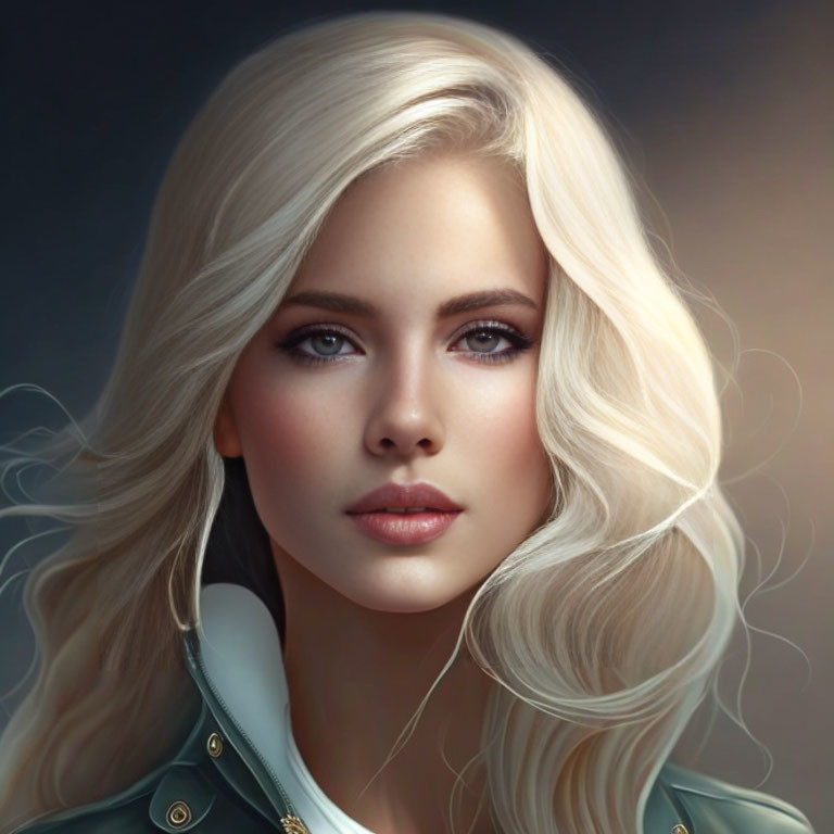 Blonde woman with blue eyes in green jacket portrait.