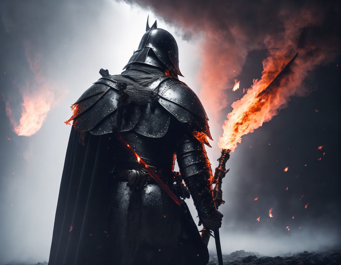 Armored knight with flaming sword in smoky scene