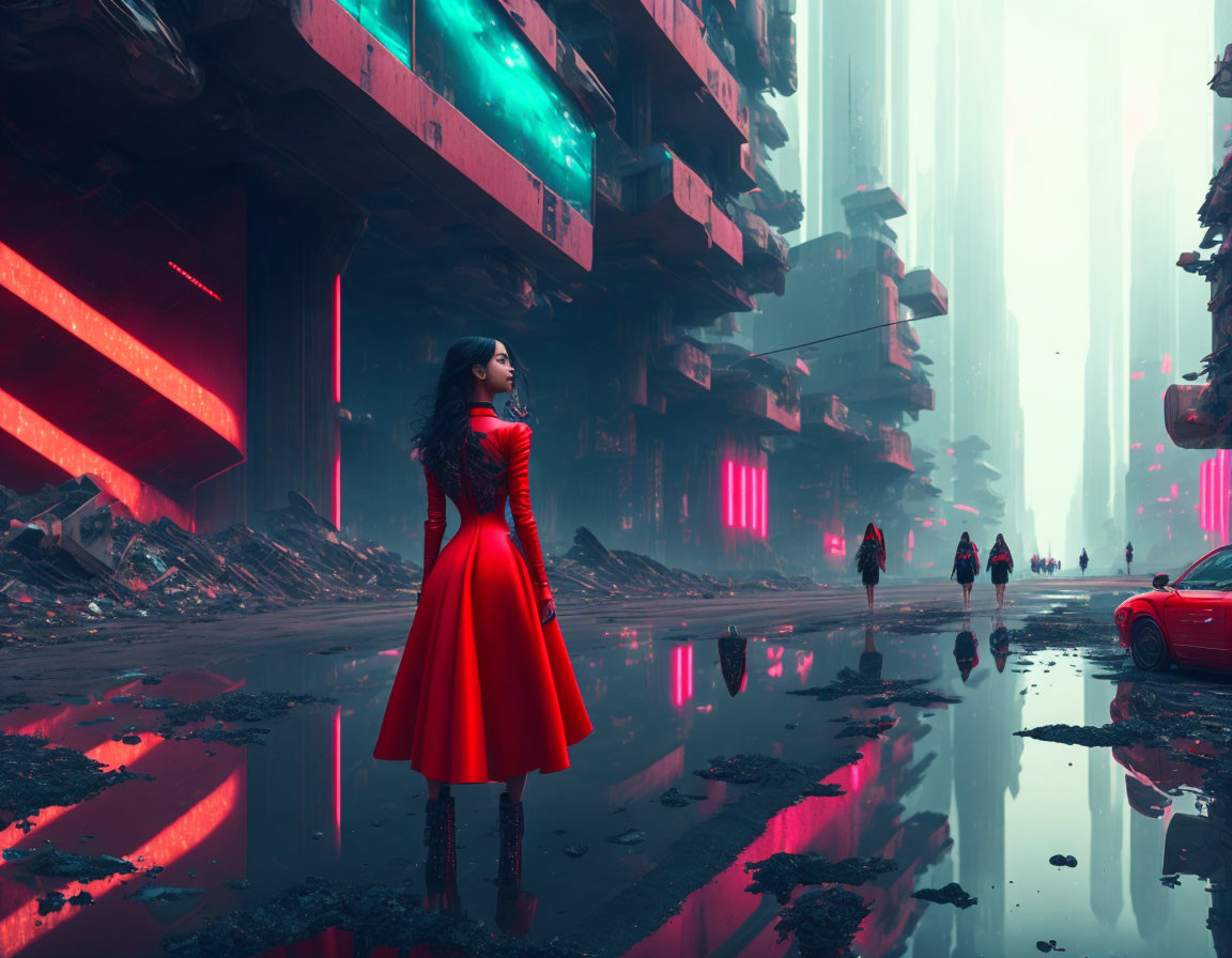 Woman in red dress in futuristic city with towering buildings and neon lights.