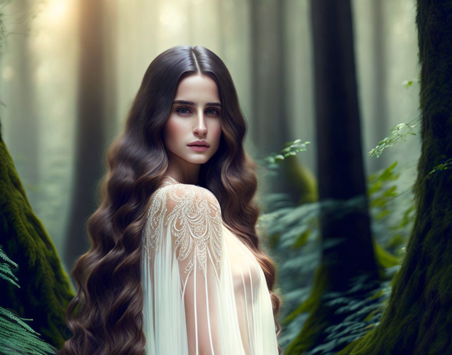 Brunette woman in white dress in misty forest