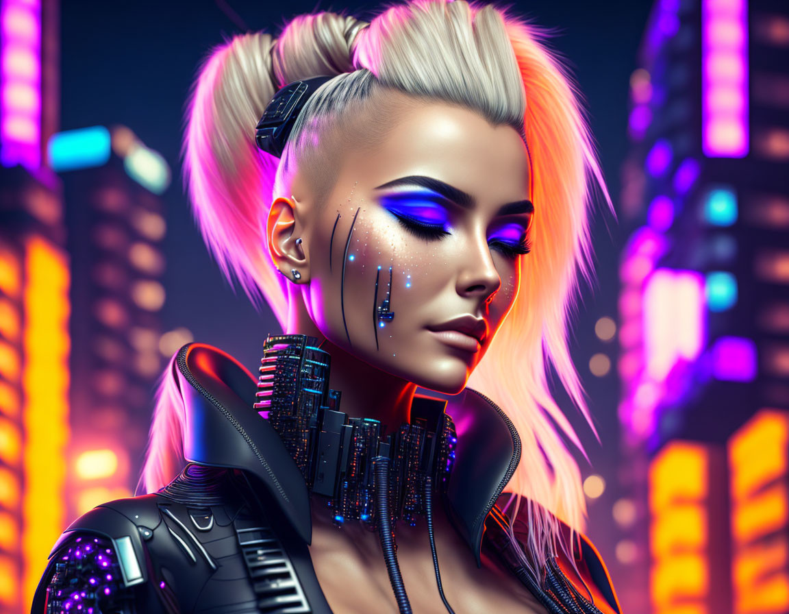 Futuristic digital art: Woman with punk hairstyle and neon makeup in cityscape