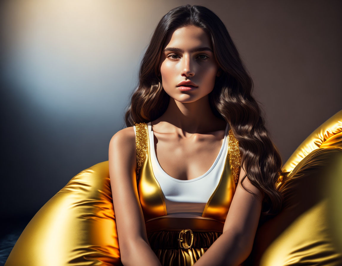 Woman with long wavy hair in white and gold outfit reclining elegantly in warm light