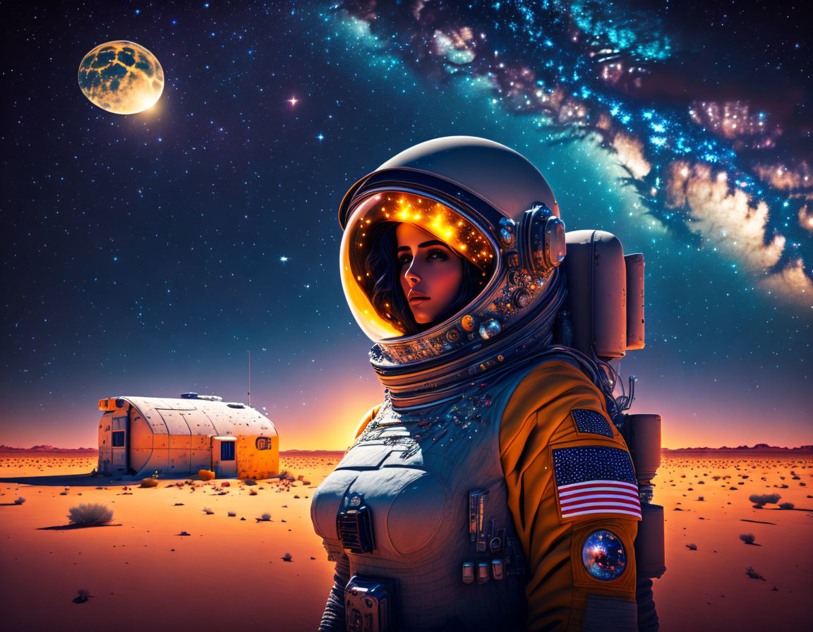 Astronaut in Orange Spacesuit on Desert Terrain with Habitat Module