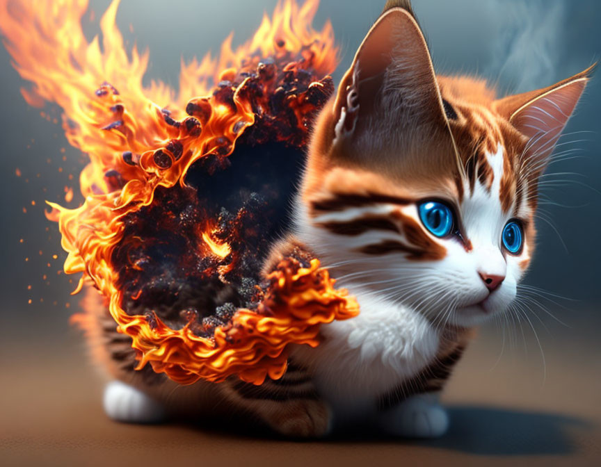 Digital Artwork: Cute Kitten with Blue Eyes and Flaming Fur