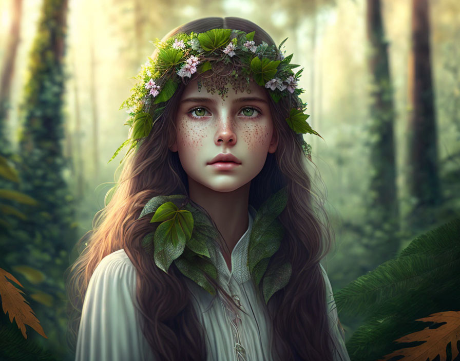 Digital Artwork: Young Girl with Floral Wreath in Mystical Forest