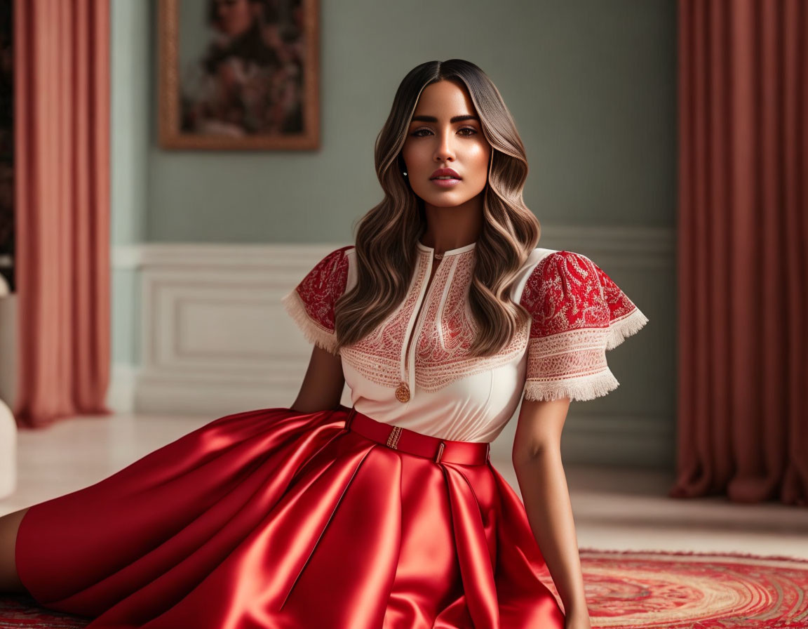 Elegant woman in red and white dress in ornate room