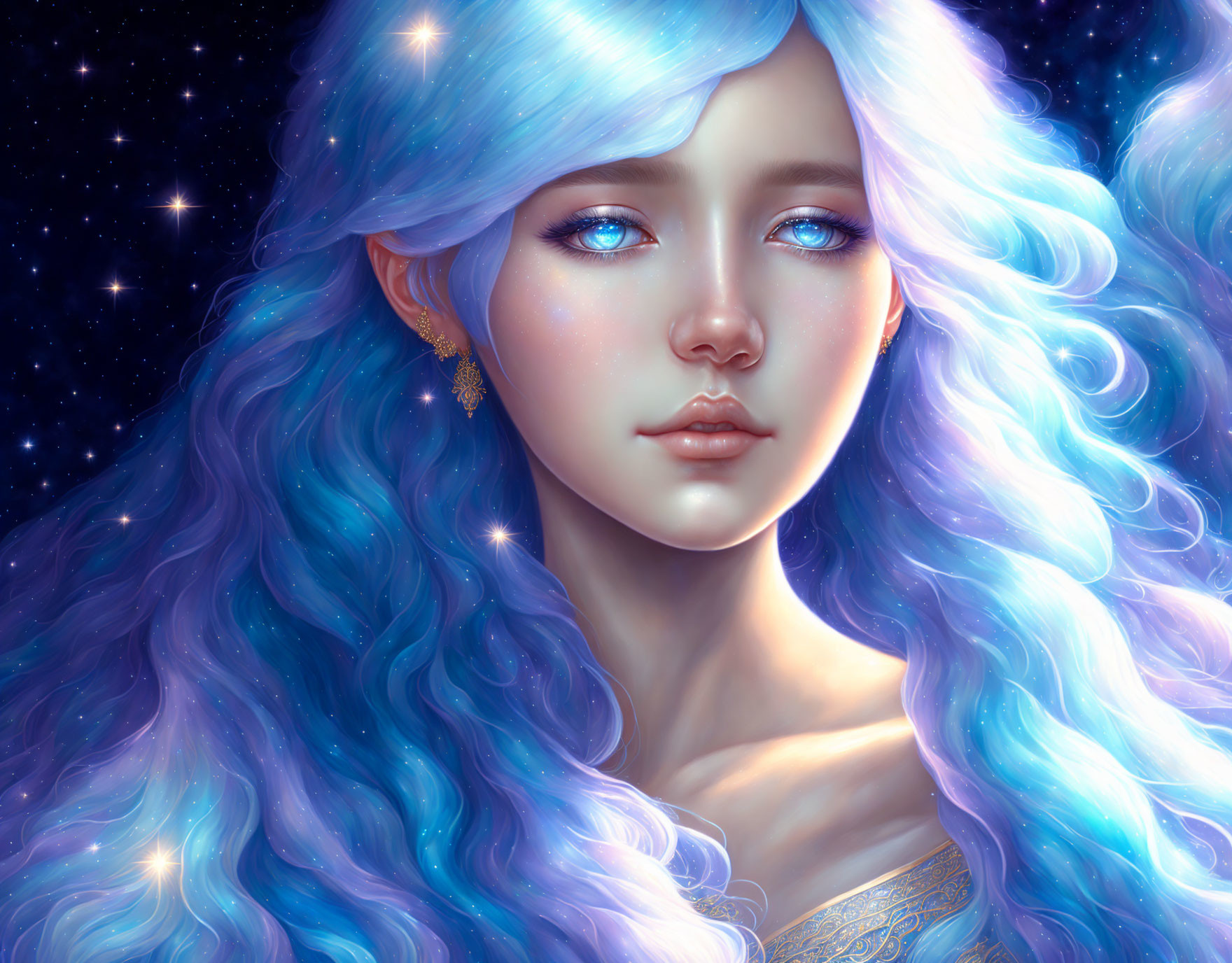 Digital Artwork: Female Figure with Blue Starry Hair in Cosmic Background