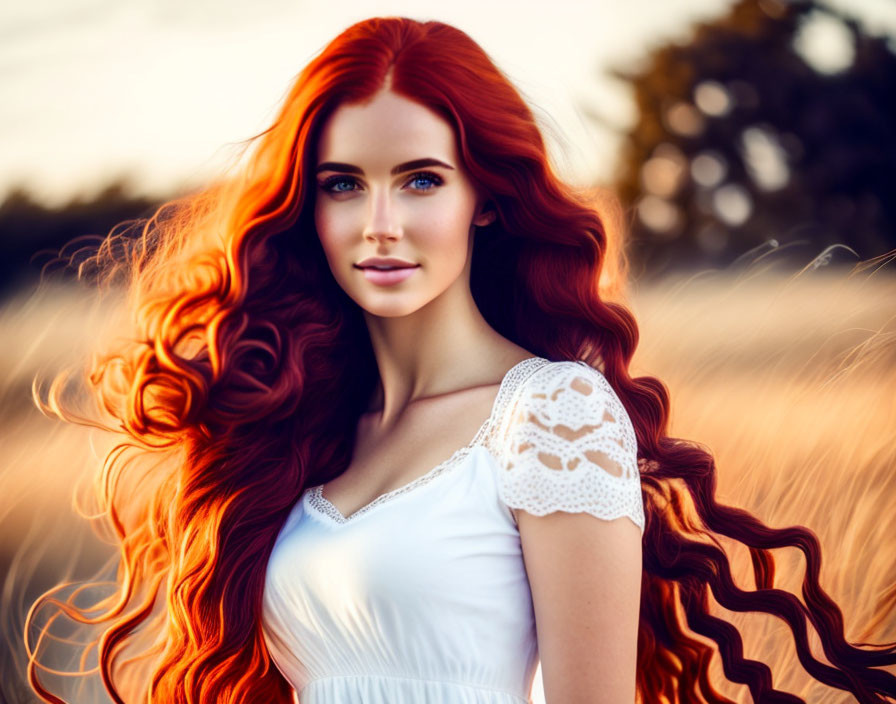 Woman with Long Red Hair in White Lace Dress Standing in Sunlit Field