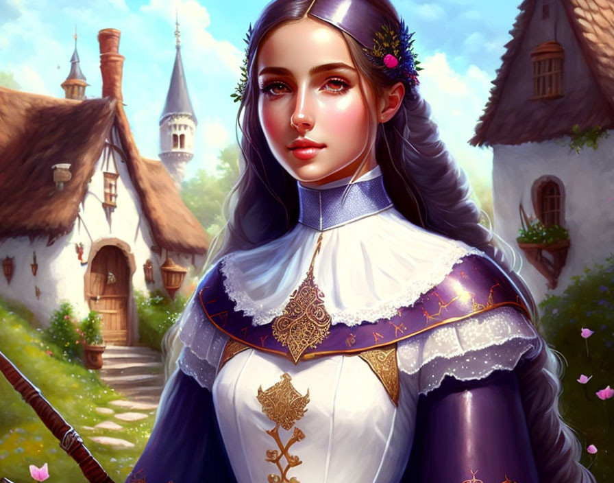 Digital Artwork: Woman in Medieval Attire with Village Background