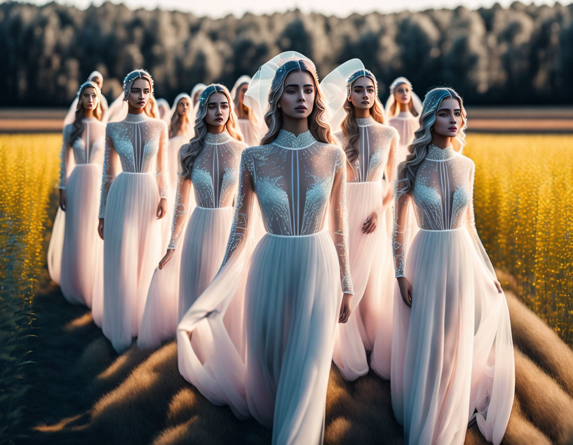 Group of identical women in white dresses and headpieces in sunlit field