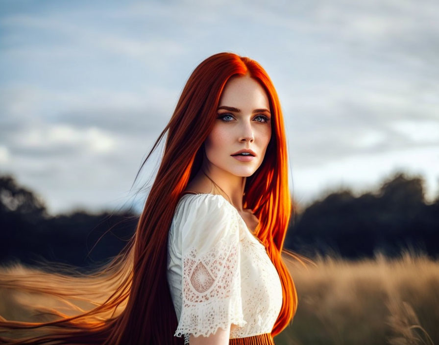 Red-haired woman in white blouse standing in field with flowing hair