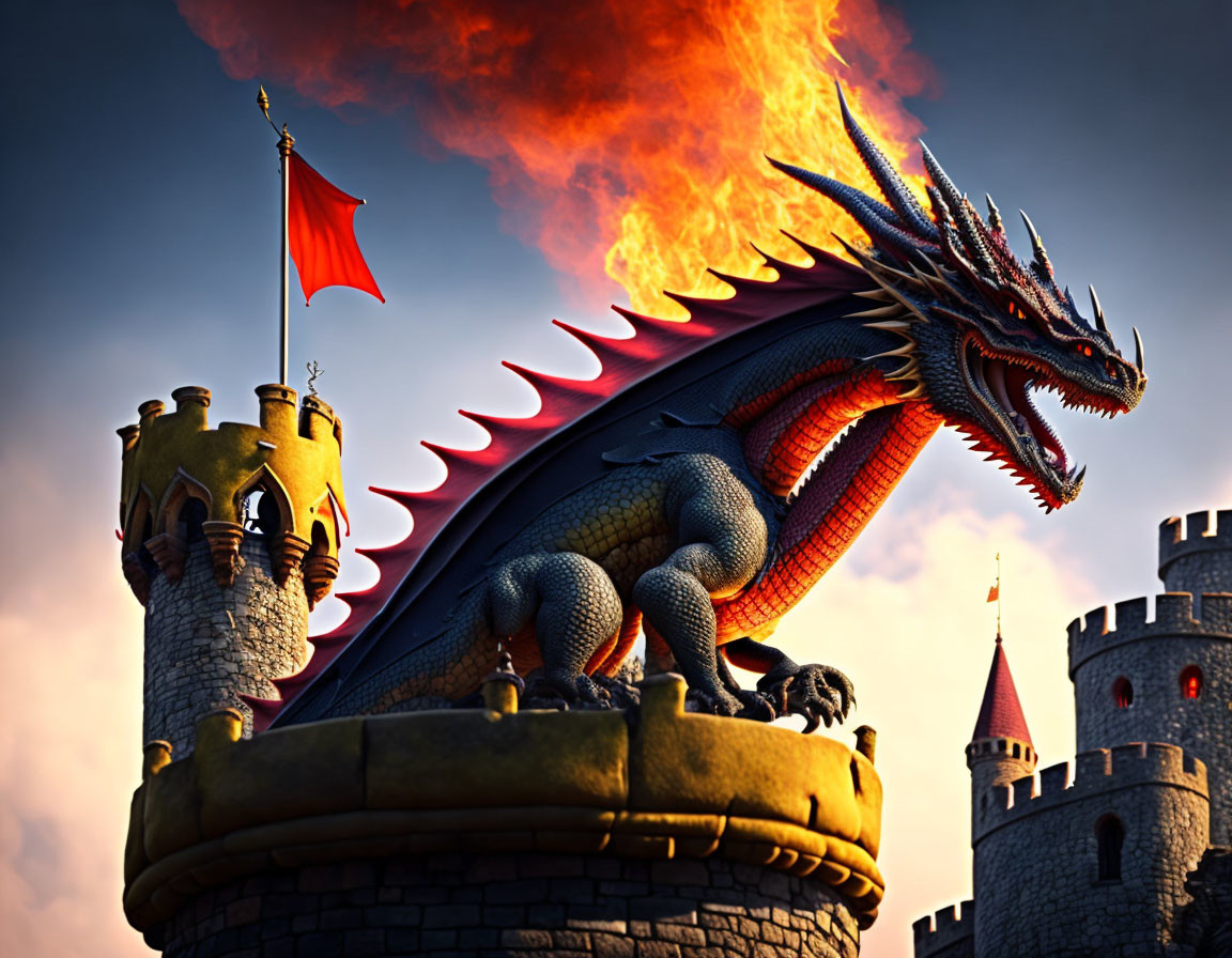 Dragon on stone tower breathing fire above medieval castles & clouds