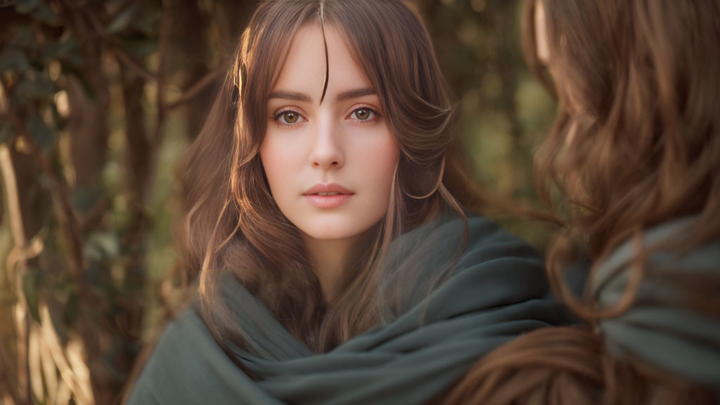 Young woman with brown hair in green shawl surrounded by sunlit foliage