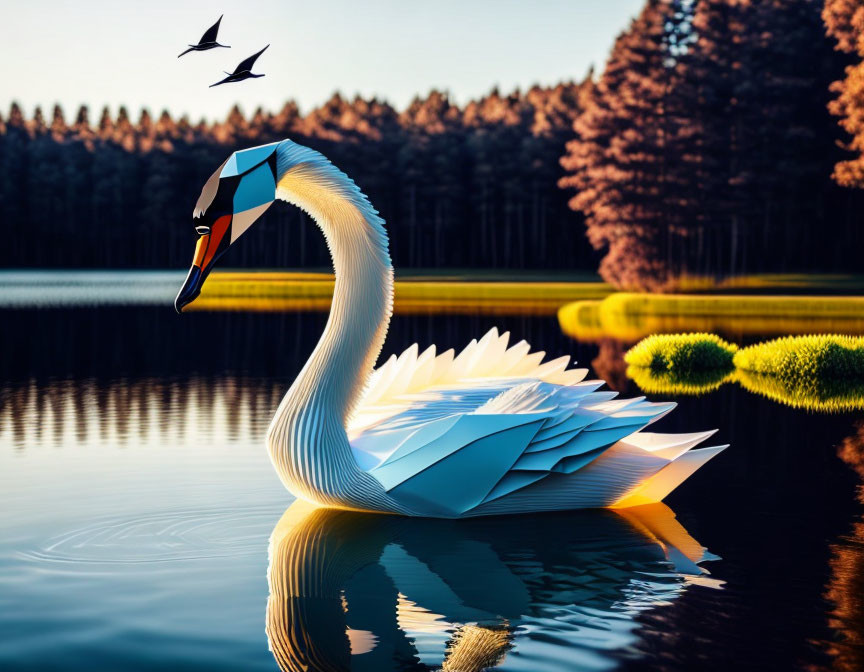 Stylized origami swan on tranquil lake at sunset